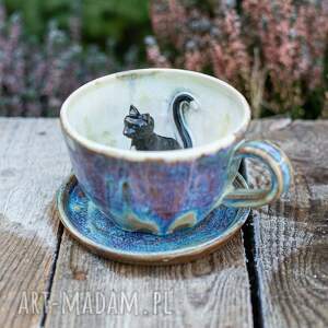 handmade ceramika filiżanka z kotem - opal - rękodzieło - ok 300 ml