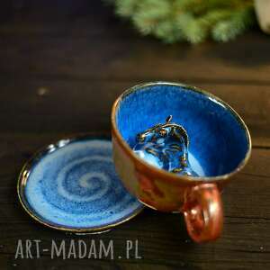 ceramiczna filiżanka z figurką konia - niebiesko miedziana na prezent