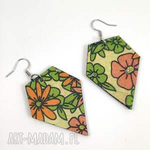 pomarańczowe kolczyk w kwiaty, skóra naturalna i stal chirurgiczna, długie