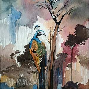 król iluzji, akwarela 24 x 32 cm, żurawie, pawie, zwierzęta ptaki natura