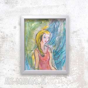 malowwana ręcznie akwarela w ramce, kolorowa grafika z dziewczyną, baśniowy obraz