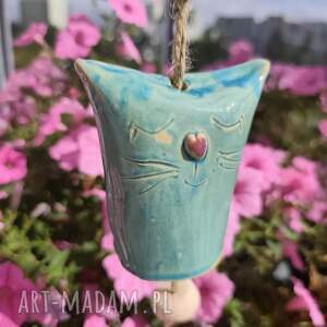 Dzwonek ceramiczny kotek - turkusowa ozdoba handmade