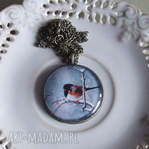 ręczne wykonanie wisiorki wisior medalion vintage z grafiką ptaszek zima