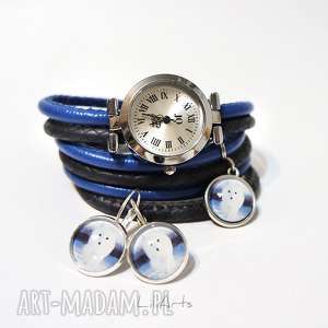 handmade zegarki komplet - biały lis - zegarek i kolczyki