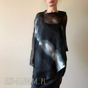 poncho narzutka lniana czerń z jasnym ponczo, tunika len, unikat prezent