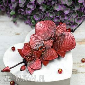ręczne wykonanie wisiorki duży wisior z kwiatami orchidei - bordowy