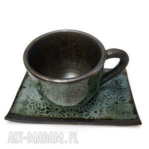 Filiżanka ceramiczna z podstawką - szaro-niebieska