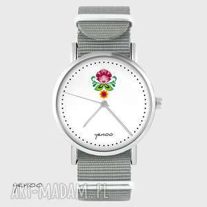 zegarki zegarek - folkowy kwiat szary, nato, bransoletka prezent
