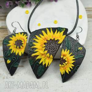 asymetryczny komplet biżuterii słoneczniki, biżuteria kwiaty, kolorowa