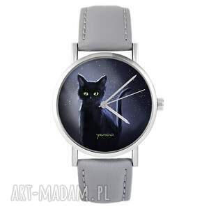 Prezent - Czarny kot, noc szary, skórzany, zegarek