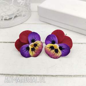 kolczyki wiszące z polimerowej gliny bratki, artystyczny, kwiatowa unikatowa