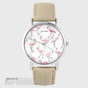 handmade zegarki zegarek yenoo - flamingi beżowy, skórzany