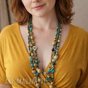 Naszyjnik Długie Sznury Boho Korale Żółty Howlit, kolorowy