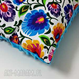 poduszka łowicz biały z niebieskim minky łowicki, regionalny, wzór kwiaty