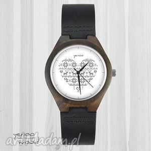 drewniany zegarek - serce skandynawskie szare bransoletka skórzany
