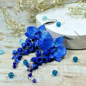długie, niebieskie kolczyki orchidee na imprezę, wesele