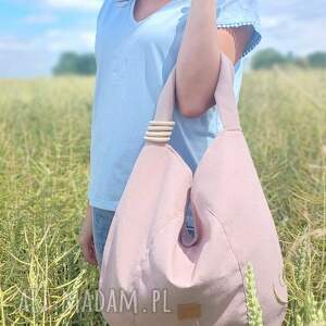 handmade na ramię duża torba worek w stylu boho pudrowo różowa