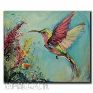 koliber, malarstwo olejne, obraz na płótnie kwiaty, moment