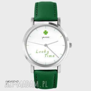 handmade zegarki zegarek - lucky time, koniczynka - skórzany, zielony