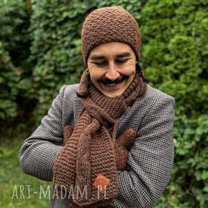 męski szal merino brąz szalik dodatkiem jedwabiu