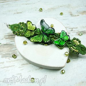 ręczne wykonanie wiosenna bransoletka z motylami w odcieniach zieleni, greenery