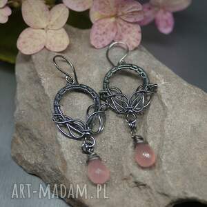 kolczyki z różowym kwarcem ilverin wire wrapping, biżuteria retro