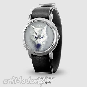 handmade zegarek, bransoletka - biały wilk - magic forest - czarny