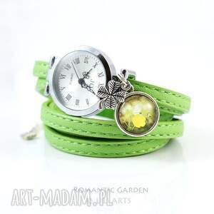 bransoletka, zegarek - żółty kwiat zielony, eko skóra, koniczyna pastelowy