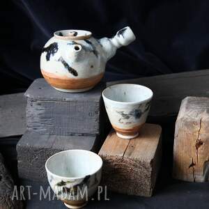 kubki komplet - czajniczek i czarki z pieca na drewno piec drewono, unikat