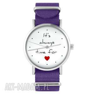 zegarek - it is always time for love fioletowy, nylonowy, typ militarny, serce