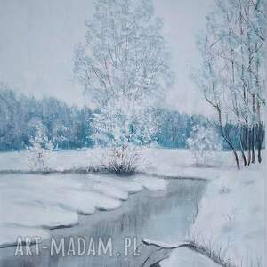 OBRAZ RĘCZNIE MALOWANY AKRYLOWY ZAŚNIEŻONY BŁĘKIT 40x30cm
