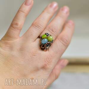 wiosna - pierścionek z jadeitami, regulowany rozmiar, wire wrapping, prezent