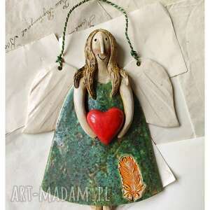 ręcznie robione ceramika aniołek w sukience zielonej nakrapianej