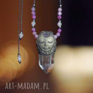 Naszyjnik forest spirit z elfem, rubinem i kryształem górskim, talizman amulet, elf skrzat las roślinny