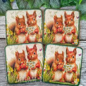 Podkładki decoupage z wiewiórkami - shabby chic vintage (komplet 4 szt.)