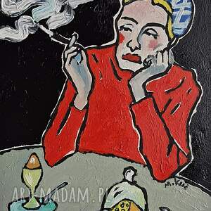 obraz ręcznie malowany olejny do salonu babcia myśli unoszą się wolniej niż dym