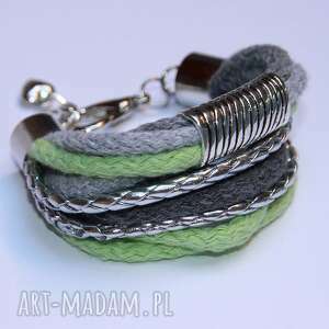 handmade zielono - szara bransoletka ze sznurków bawełnianych i rzemienia