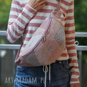 patchworkowa nerka xxl - róż z szarością, mini plecak, nerkoplecak na prezent