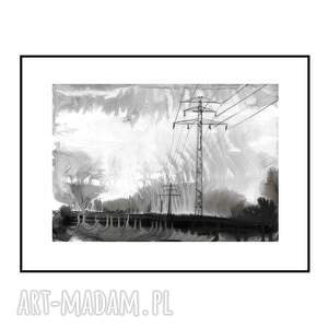 grafika z cyklu pejzaże industrialne malowana ręcznie 21cm x 30cm, krajobraz