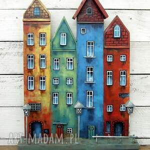 kolorowe kamienice - dekoracja ze starych desek, ręcznie malowana, malowane