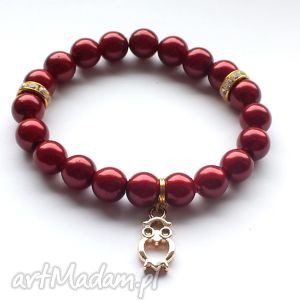 bransoleta maroon pearls owl, sowa, zawieszka, charms