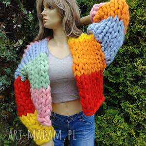 patchworkowy kardigan z grubej wełny sweter duże oczka, olbrzymi kolorowy