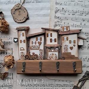 rustykalny z domkami ecru no 1, wieszak drewna klucze, ręcznie