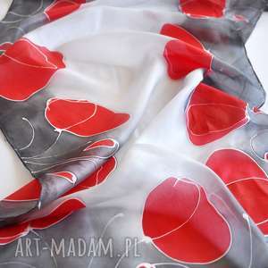 ręcznie robione szaliki malowany szal - czerwone maki na szarości