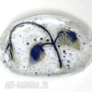 ceramiczna mydelniczka ręcznie robiona biało-niebieska żuraw, akcesoria