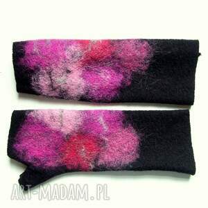 czarne mitenki z różowym wzorem rękawiczki bez palców, filcowany