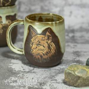 handmade kubek ceramiczny z rysiem duży leśne opowieści 400 ml brown