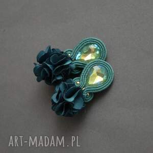 zielone klipsy sutasz z kwiatkiem, sznurek, wyjściowe, wieczorowe, eleganckie