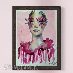 Pink lashes, akwarela na papierze, portret kobiety
