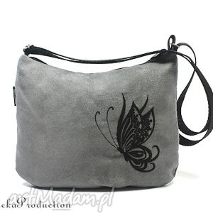 torebka black butterfly on grey zamsz haft, motyl alcantara, wyszywana